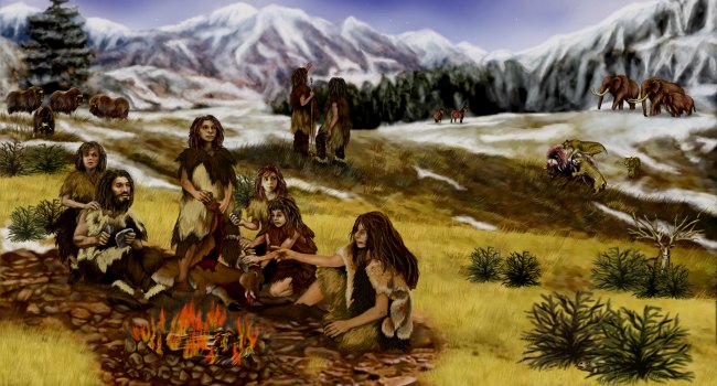 Neanderthals around a campfire