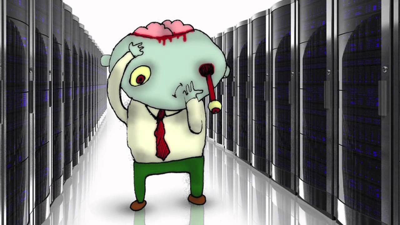 old man in a server room with eye popping out and brain exploding