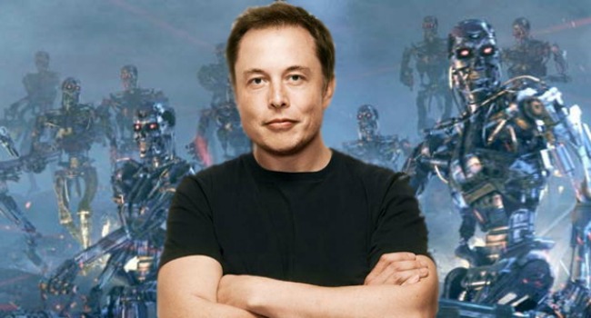 Elon Musk surrounded by futuristic terminator style robots