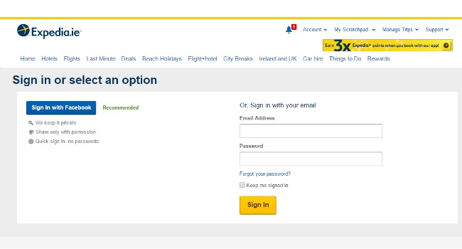 sign in page on expedia.com