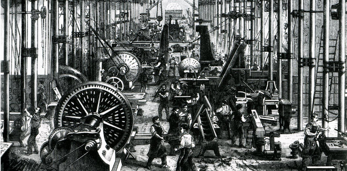 industrial revolution factory with wheels and machines