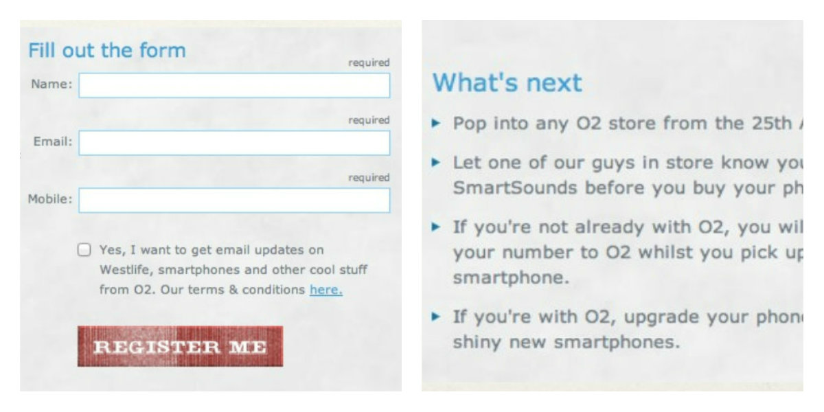 O2 registration form and instructions about upgrading your phone in store