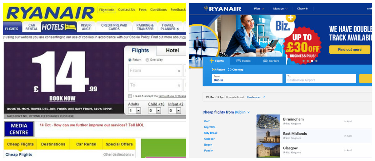 ryanair homepages comparison, one old the other new
