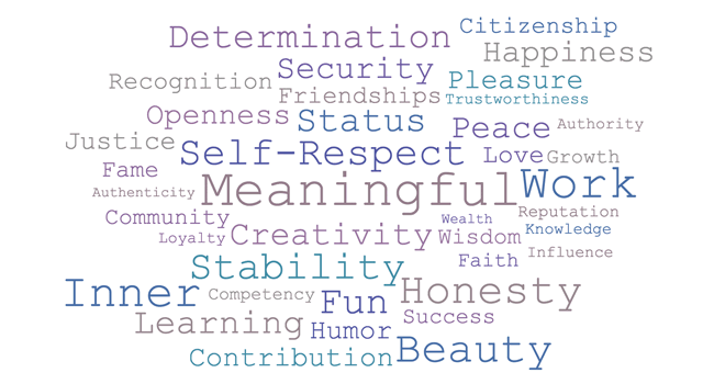 Word cloud of values
